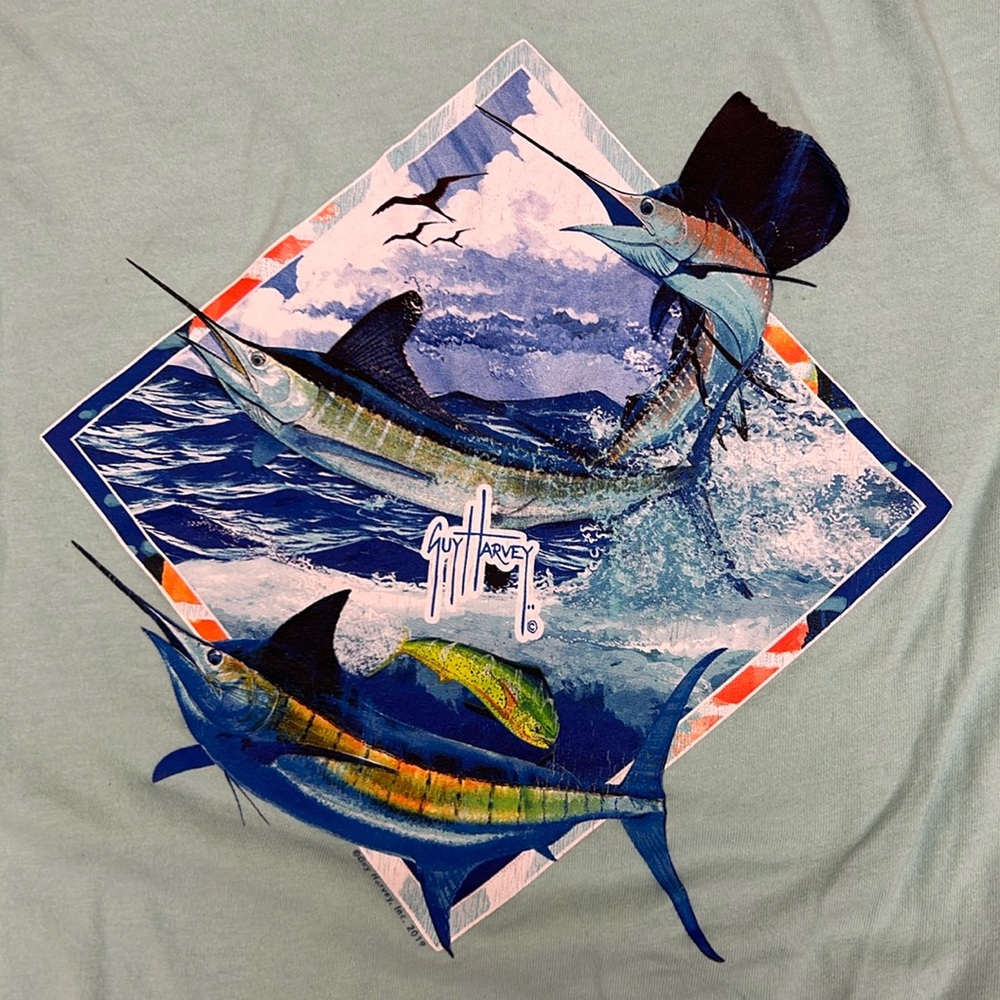 Guy Harvey Seafoam Blue Marlin Fishing Long Sleeve 100% Cotton Shirt - 1017